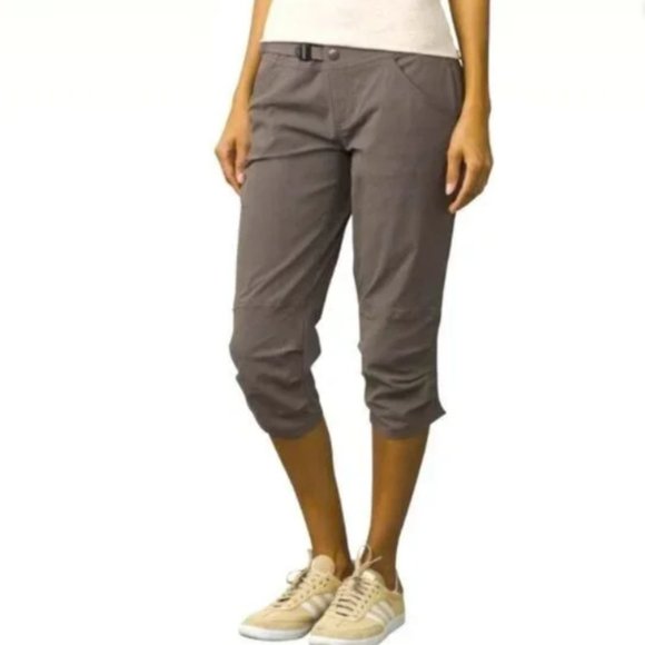 Prana Pants Womens 6 Jasmine Belted Knicker Cropped Gray/Brown Hiking Climbing - Picture 1 of 12